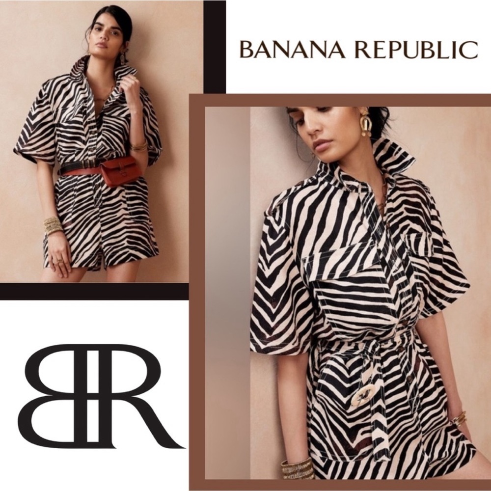 Banana Republic Linen Zebra Print Romper, Belted Animal Printer Romper